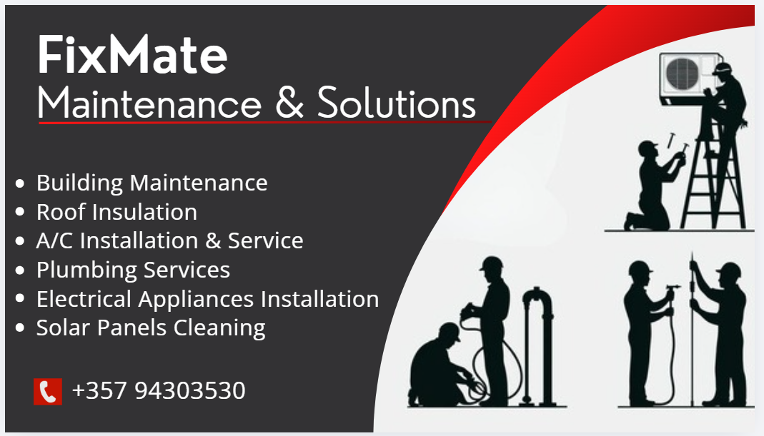 FixMate business card — Building Maintenance, Roof Insulation, A/C, Plumbing, Electrical Appliances, Solar Panels